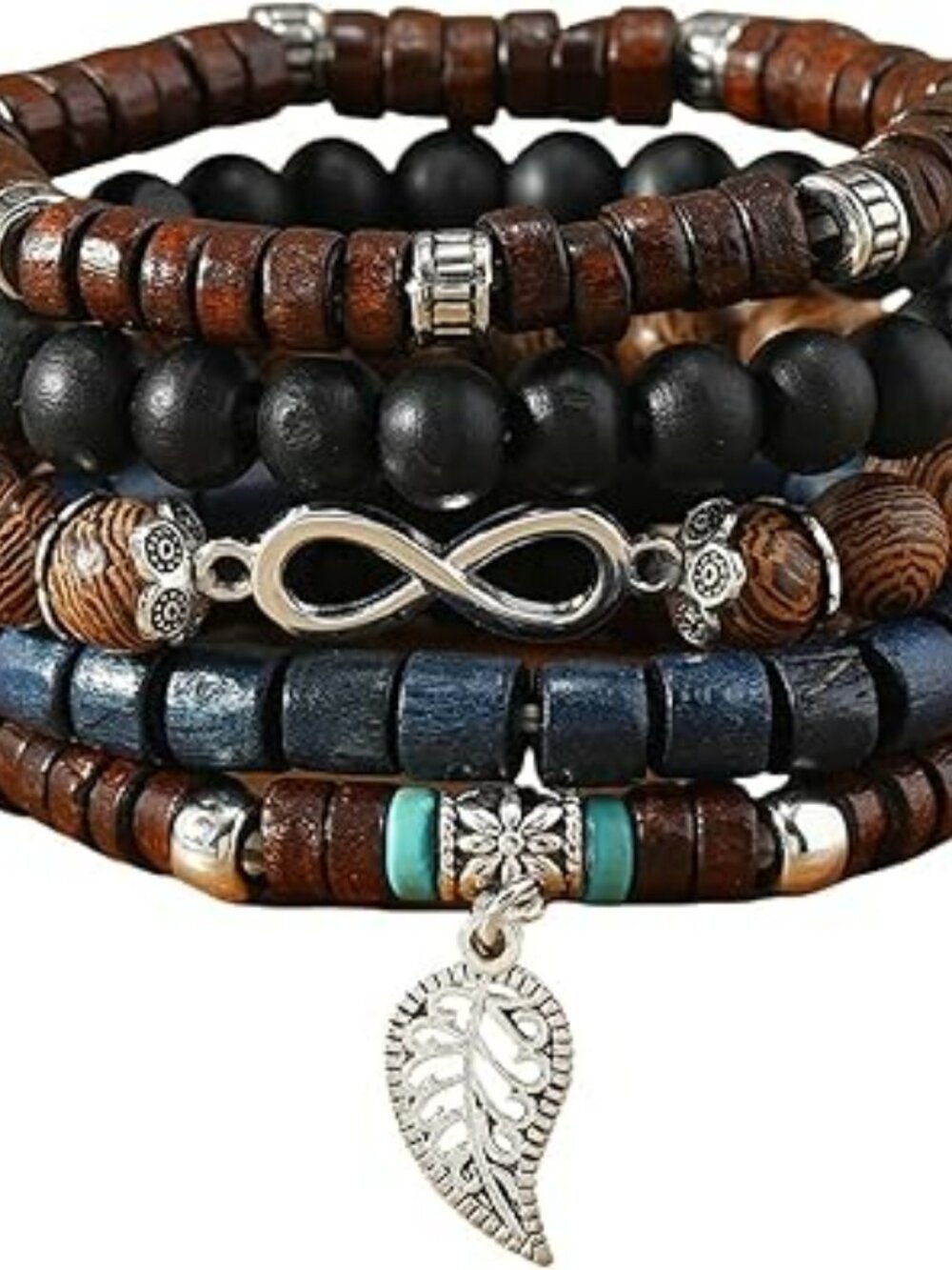 New 5 Pc Set Bohemian Multilayered Wood Beaded Layered Bracelet Stackable Boho